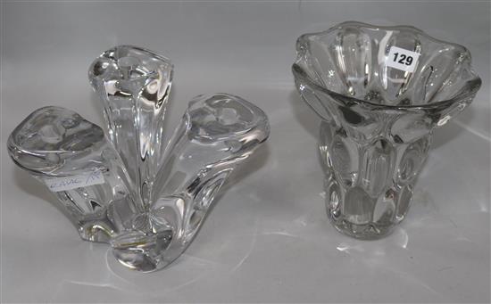 An Art glass three branch candelabra and a similar vase